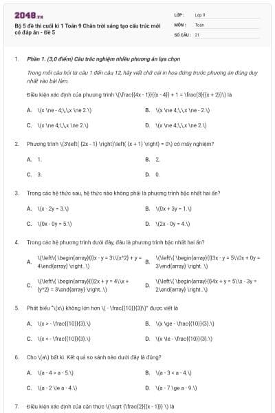Bộ 5 đề thi cuối kì 1 Toán 9 Chân trời sáng tạo cấu trúc mới có đáp án - Đề 5