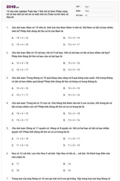 15 câu trắc nghiệm Toán lớp 1 Kết nối tri thức Phép cộng số có hai chữ số với số có một chữ số (Toán có lời văn) có đáp án