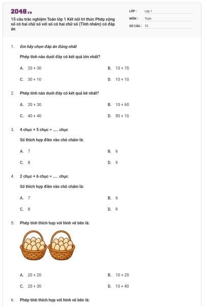 15 câu trắc nghiệm Toán lớp 1 Kết nối tri thức Phép cộng số có hai chữ số với số có hai chữ số (Tính nhẩm) có đáp án