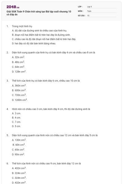 Giải SGK Toán 9 Chân trời sáng tạo Bài tập cuối chương 10 có đáp án