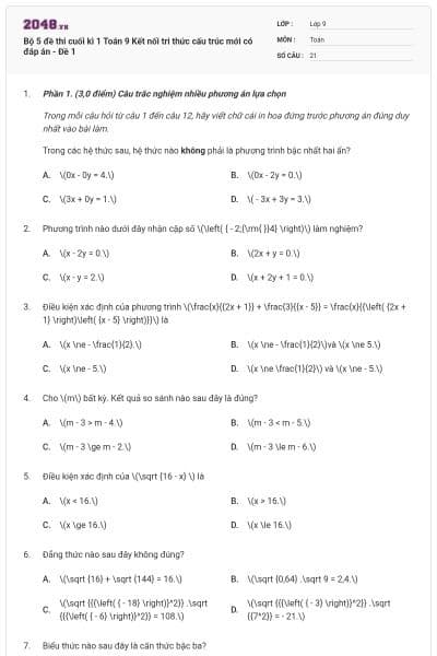 Bộ 5 đề thi cuối kì 1 Toán 9 Kết nối tri thức cấu trúc mới có đáp án - Đề 1
