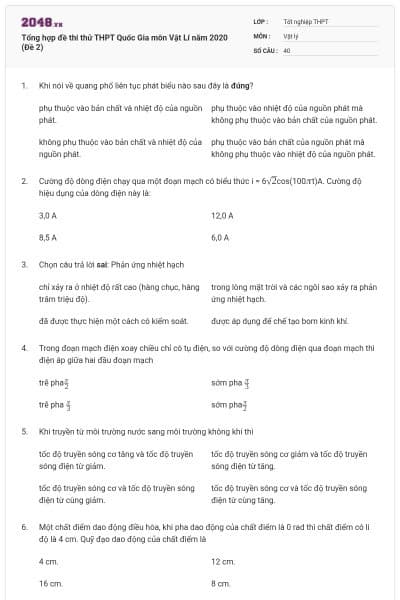 Tổng hợp đề thi thử THPT Quốc Gia môn Vật Lí năm 2020 (Đề 2)