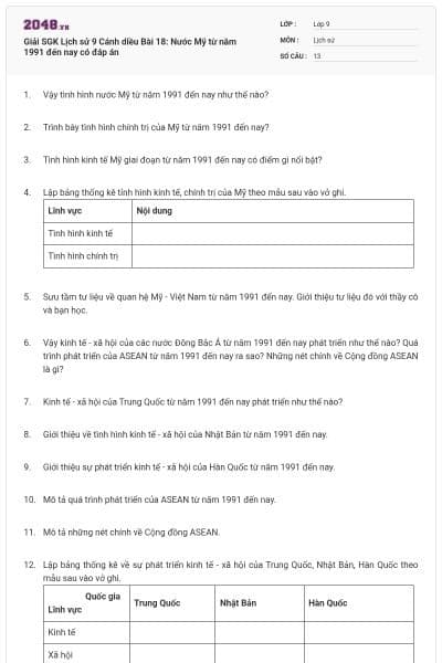 Giải SGK Lịch sử 9 Cánh diều Bài 18: Nước Mỹ từ năm 1991 đến nay có đáp án