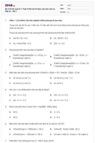 Bộ 5 đề thi cuối kì 1 Toán 9 Kết nối tri thức cấu trúc mới có đáp án - Đề 3
