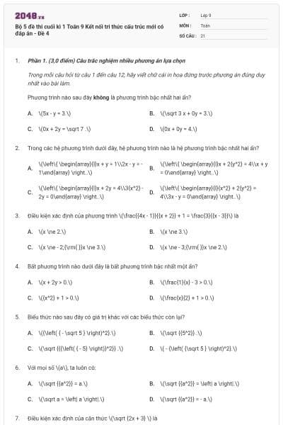 Bộ 5 đề thi cuối kì 1 Toán 9 Kết nối tri thức cấu trúc mới có đáp án - Đề 4