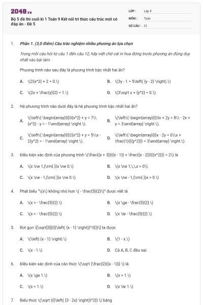 Bộ 5 đề thi cuối kì 1 Toán 9 Kết nối tri thức cấu trúc mới có đáp án - Đề 5