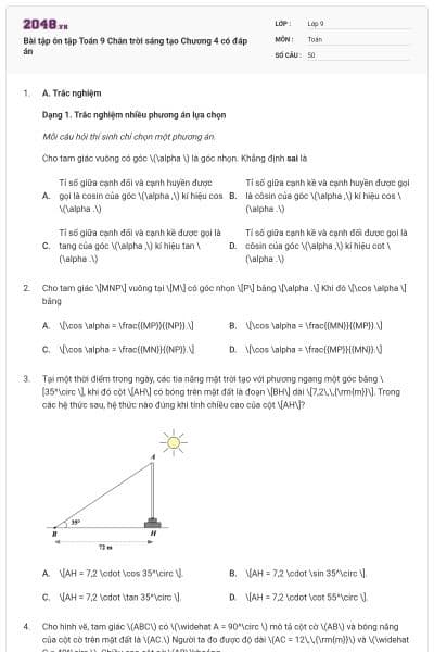 Bài tập ôn tập Toán 9 Chân trời sáng tạo Chương 4 có đáp án