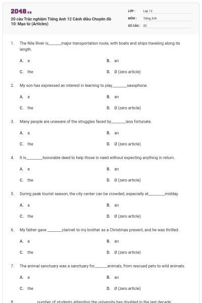 20 câu Trắc nghiệm Tiếng Anh 12 Cánh diều Chuyên đề 10: Mạo từ (Articles)