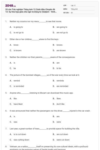 20 câu Trắc nghiệm Tiếng Anh 12 Cánh diều Chuyên đề 12: Sự hòa hợp giữa chủ ngữ và động từ (Subject - Verb agreement)