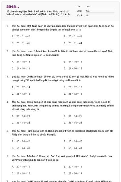 15 câu trắc nghiệm Toán 1 Kết nối tri thức Phép trừ số có hai chữ số cho số có hai chữ số (Toán có lời văn) có đáp án