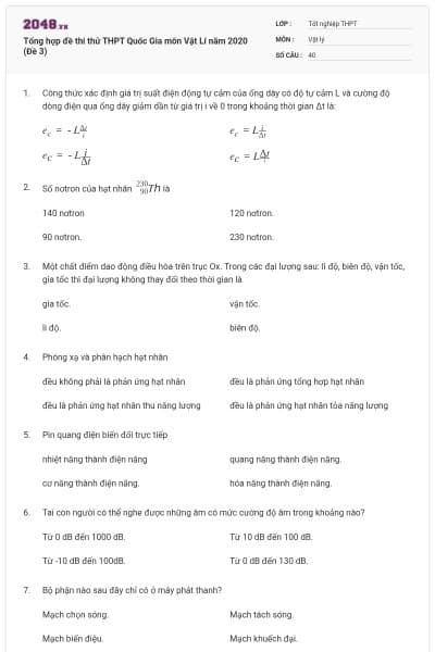 Tổng hợp đề thi thử THPT Quốc Gia môn Vật Lí năm 2020 (Đề 3)