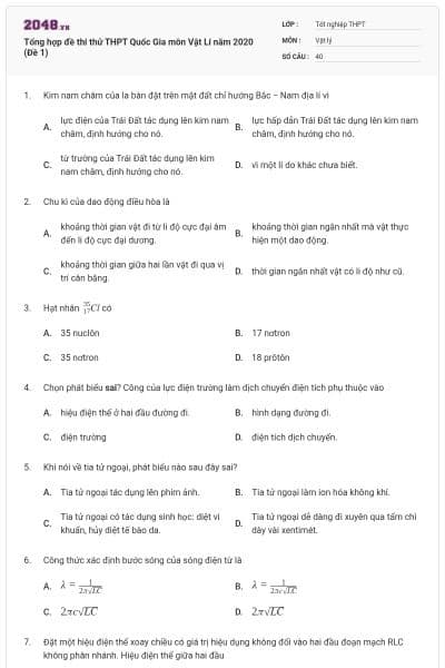 Tổng hợp đề thi thử THPT Quốc Gia môn Vật Lí năm 2020 (Đề 1)