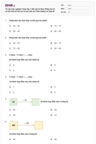 15 câu trắc nghiệm Toán lớp 1 Kết nối tri thức Phép trừ số có hai chữ số cho số có hai chữ số (Tính nhẩm) có đáp án