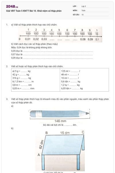 Giải VBT Toán 5 KNTT Bài 10. Khái niệm số thập phân