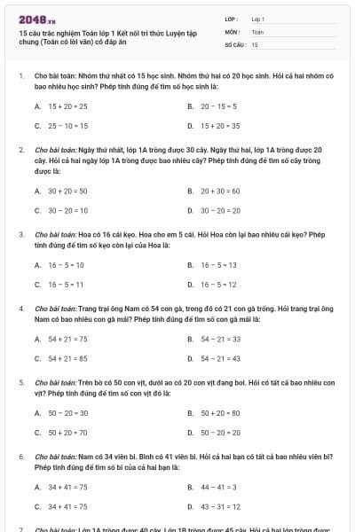15 câu trắc nghiệm Toán lớp 1 Kết nối tri thức Luyện tập chung (Toán có lời văn) có đáp án