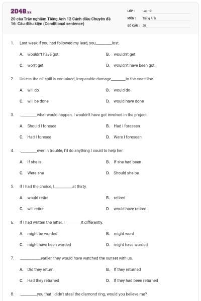 20 câu Trắc nghiệm Tiếng Anh 12 Cánh diều Chuyên đề 16: Câu điều kiện (Conditional sentence)