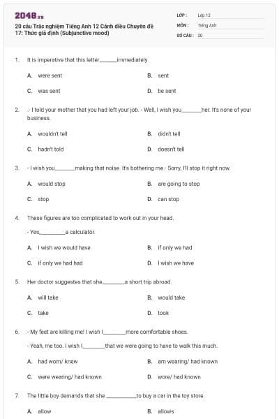 20 câu Trắc nghiệm Tiếng Anh 12 Cánh diều Chuyên đề 17: Thức giả định (Subjunctive mood)