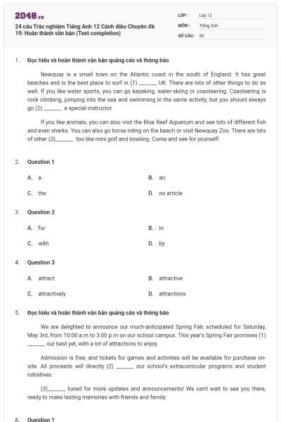 24 câu Trắc nghiệm Tiếng Anh 12 Cánh diều Chuyên đề 19: Hoàn thành văn bản (Text completion)