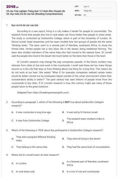 34 câu Trắc nghiệm Tiếng Anh 12 Cánh diều Chuyên đề 20: Đọc hiểu trả lời câu hỏi (Reading Comprehension)