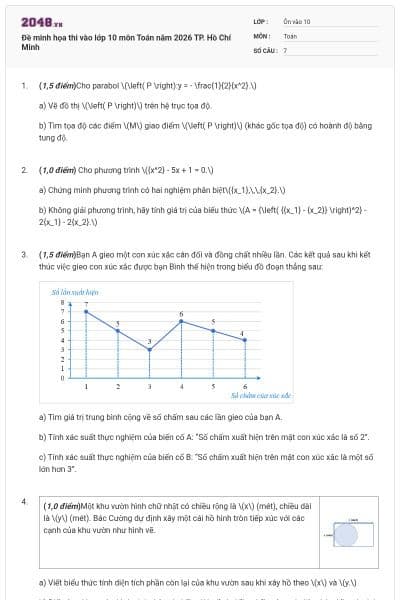 Đề minh họa thi vào lớp 10 môn Toán năm 2026 TP. Hồ Chí Minh