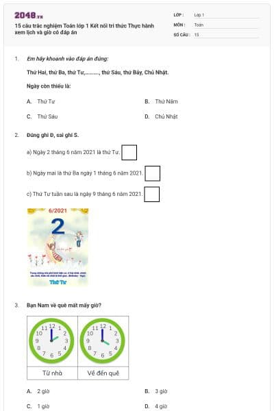 15 câu trắc nghiệm Toán lớp 1 Kết nối tri thức Thực hành xem lịch và giờ có đáp án