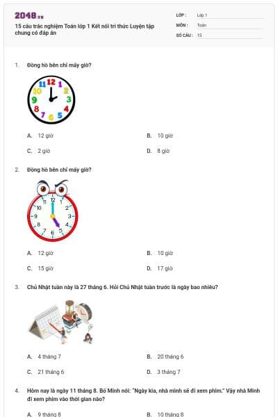 15 câu trắc nghiệm Toán lớp 1 Kết nối tri thức Luyện tập chung có đáp án