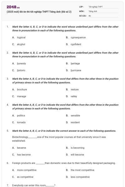 (2025 mới) Đề ôn thi tốt nghiệp THPT Tiếng Anh (Đề số 2)
