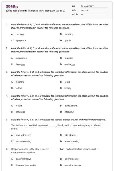 (2025 mới) Đề ôn thi tốt nghiệp THPT Tiếng Anh (Đề số 3)