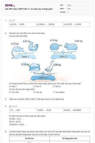 Giải VBT Toán 5 KNTT Bài 11. So sánh các số thập phân