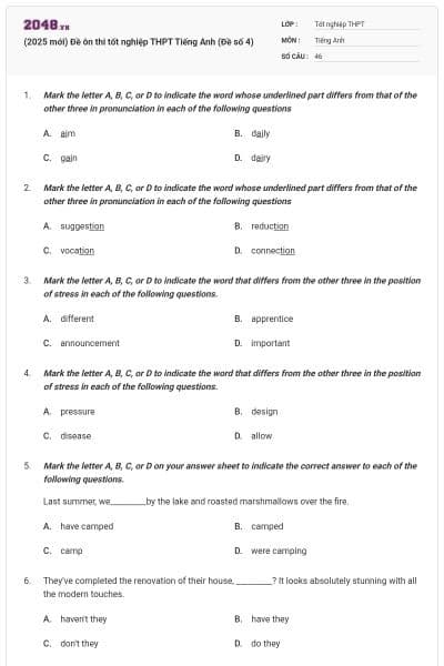 (2025 mới) Đề ôn thi tốt nghiệp THPT Tiếng Anh (Đề số 4)