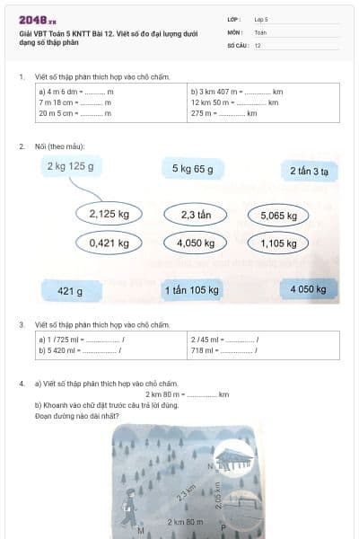 Giải VBT Toán 5 KNTT Bài 12. Viết số đo đại lượng dưới dạng số thập phân