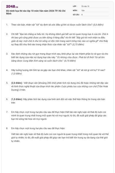 Đề minh họa thi vào lớp 10 môn Văn năm 2026 TP. Hồ Chí Minh
