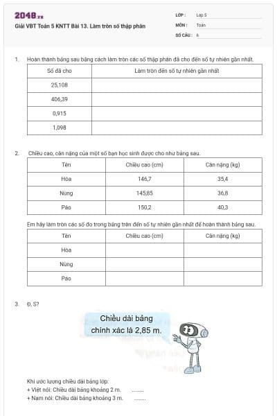 Giải VBT Toán 5 KNTT Bài 13. Làm tròn số thập phân