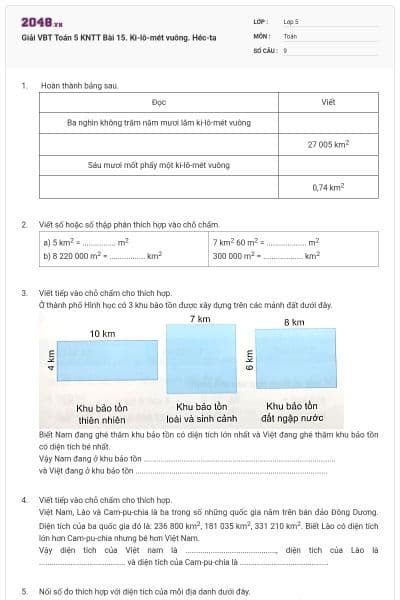 Giải VBT Toán 5 KNTT Bài 15. Ki-lô-mét vuông. Héc-ta