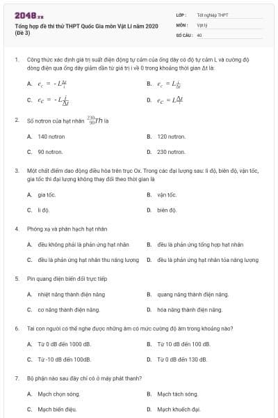 Tổng hợp đề thi thử THPT Quốc Gia môn Vật Lí năm 2020 (Đề 3)
