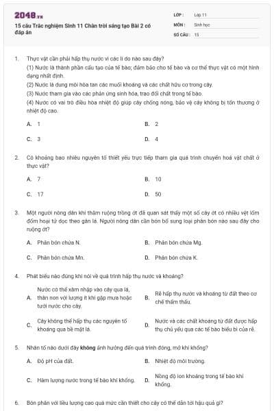 15 câu Trắc nghiệm Sinh 11 Chân trời sáng tạo Bài 2 có đáp án
