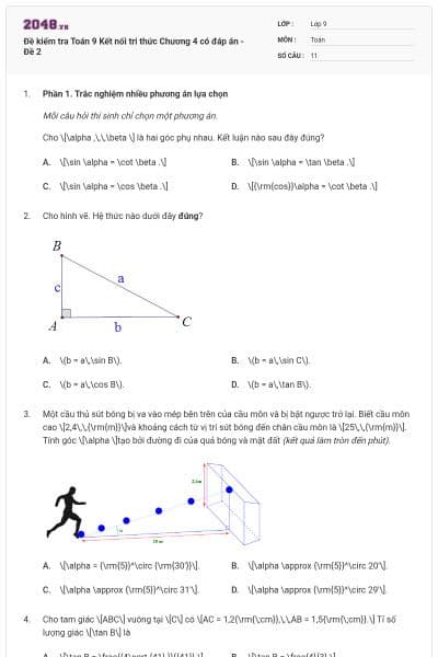 Đề kiểm tra Toán 9 Kết nối tri thức Chương 4 có đáp án - Đề 2
