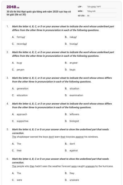 30 đề thi thử thpt quốc gia tiếng anh năm 2020 cực hay có lời giải (Đề số 30)