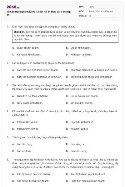 10 Câu trắc nghiệm KTPL 12 Kết nối tri thức Bài 5 có đáp án