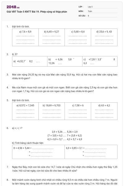 Giải VBT Toán 5 KNTT Bài 19. Phép cộng số thập phân