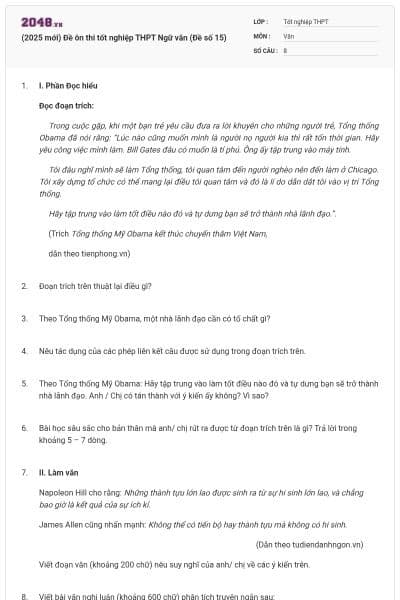 (2025 mới) Đề ôn thi tốt nghiệp THPT Ngữ văn (Đề số 15)