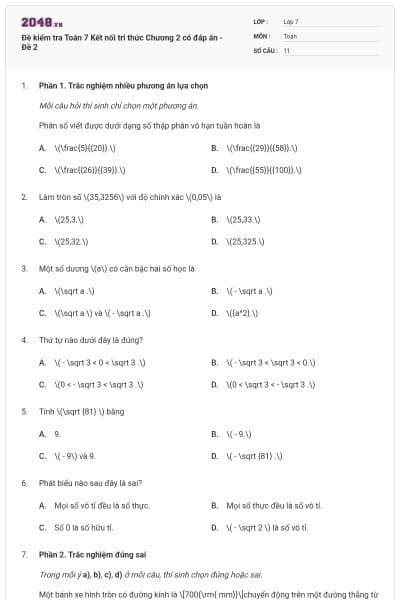 Đề kiểm tra Toán 7 Kết nối tri thức Chương 2 có đáp án - Đề 2