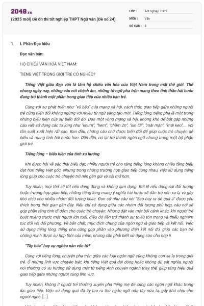 (2025 mới) Đề ôn thi tốt nghiệp THPT Ngữ văn (Đề số 24)