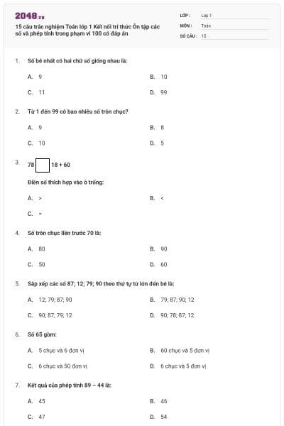 15 câu trắc nghiệm Toán lớp 1 Kết nối tri thức Ôn tập các số và phép tính trong phạm vi 100 có đáp án