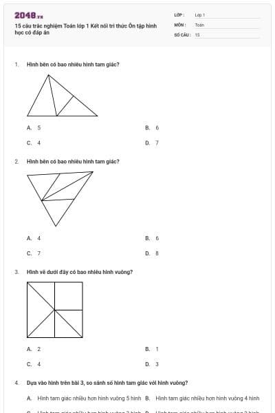 15 câu trắc nghiệm Toán lớp 1 Kết nối tri thức Ôn tập hình học có đáp án