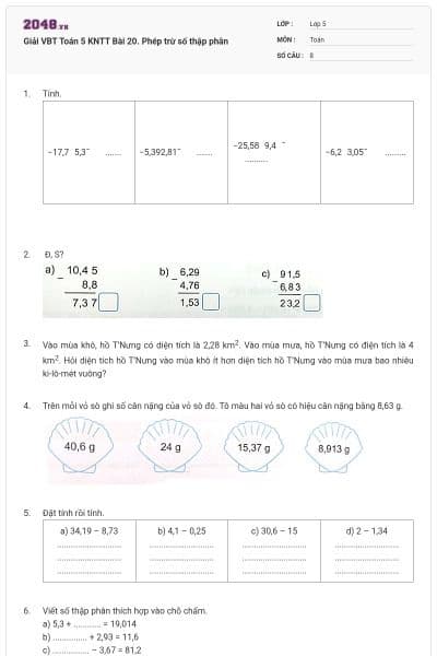 Giải VBT Toán 5 KNTT Bài 20. Phép trừ số thập phân