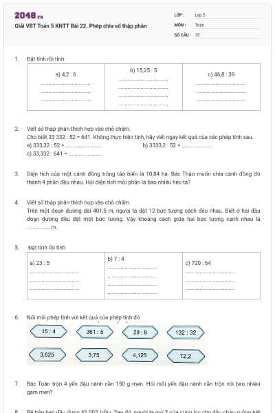 Giải VBT Toán 5 KNTT Bài 22. Phép chia số thập phân