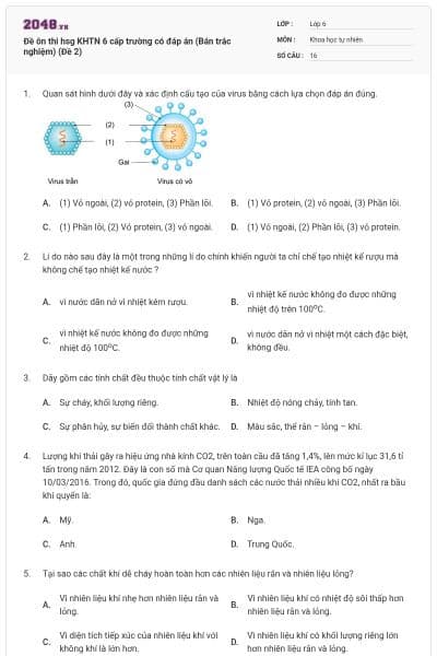 Đề ôn thi hsg KHTN 6 cấp trường có đáp án (Bán trắc nghiệm) (Đề 2)