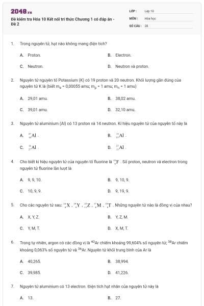 Đề kiểm tra Hóa 10 Kết nối tri thức Chương 1 có đáp án - Đề 2