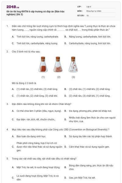 Đề ôn thi hsg KHTN 6 cấp trường có đáp án (Bán trắc nghiệm) (Đề 3)